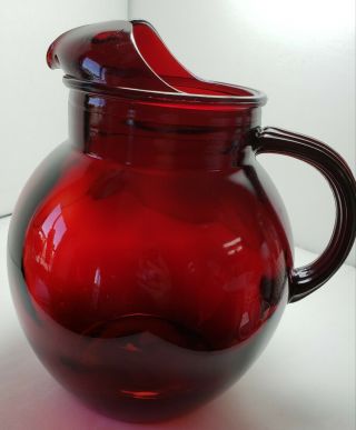 Vintage Anchor Hocking Ruby Red Glass 81/2 Inch Water Pitcher Ice Lip Rib Handle