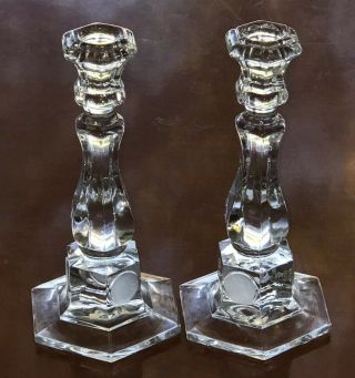 Fostoria Glass Coin Glass Crystal 8 " Tall Candlestick Holders With Frosted Coins