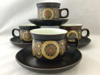 Set Of 4 Denby Samarkand Brown Flowers Circles Flat Coffee /tea Cup & Saucers