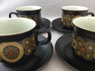 Set of 4 Denby Samarkand Brown Flowers Circles Flat Coffee /Tea Cup & Saucers 2