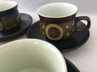Set of 4 Denby Samarkand Brown Flowers Circles Flat Coffee /Tea Cup & Saucers 4