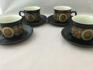 Set of 4 Denby Samarkand Brown Flowers Circles Flat Coffee /Tea Cup & Saucers 5