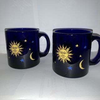 2mugs Libby Libbey Cobalt Blue Celestial Sun Moon And Stars Glass Mug