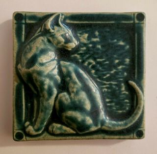 Historic Pewabic Pottery Cat Tile Detroit Arts & Crafts Style Aqua / Green