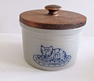 Vintage Blue Cat Decorated Stoneware Crock Wooden Lid David Eldreth Pa 1996