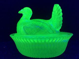 Blue Vaseline glass Turkey hen on nest basket dish candy / butter Cobalt uranium 3