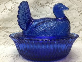 Blue Vaseline glass Turkey hen on nest basket dish candy / butter Cobalt uranium 7