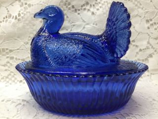 Blue Vaseline glass Turkey hen on nest basket dish candy / butter Cobalt uranium 8