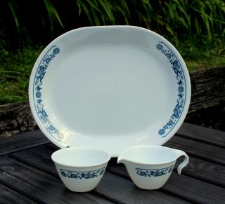 Corelle Vintage Old Town Blue Serving Platter 12.  25 X 10 ",  Creamer,  Sugar Bowl