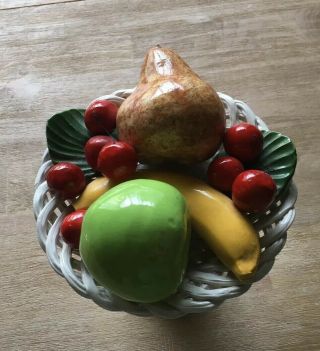 Vintage Bassano Italy Capodimonte Woven Basket Of Fruit Hand Painted Ceramic