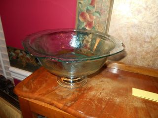 Vintage Green Blue Depression Glass Pedestal Bowl Compote Etched Raised Design