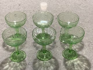 Set 6 Green Depression Glass Ballerina Goblets Sherbet Champagne Long Stem
