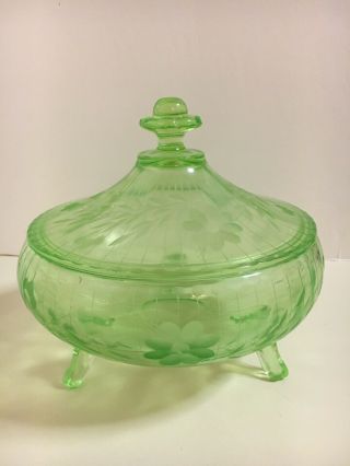 Vintage Green Depression Vaseline Uranium Glass Etched Candy Dish Jar With Lid