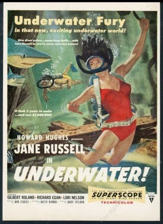 1955 Jane Russell Pinup Girl Art Underwater Scuba Diving Movie Vintage Print Ad