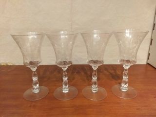 Cambridge Chantilly Etched Elegant Glass Crystal Water Goblets Stems 3625 Set 4