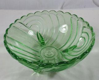 Large Vintage Green Depression Glass Crown Crystal Art Deco 3 Footed Bowl