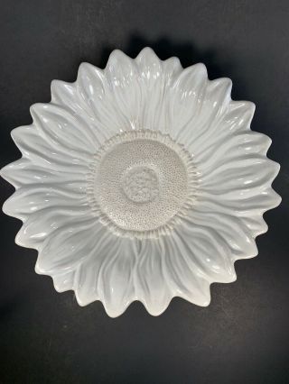 Pottery Barn White Ceramic Embossed Sunflower Serving Bowl 12 "