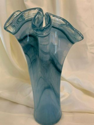 Murano Handblown Art Glass Vase Blue Swirls With Scallop Rim