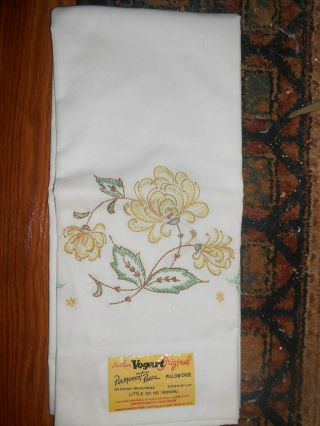60s Vogart Crafts Floral Permanent Press 42 " X 32 " Green Gold Brn Pillow Case Nr