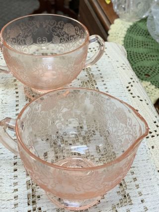 Pink Depression Glass Vintage Etched Flowers Set Of Creamer And Sugar Bowl