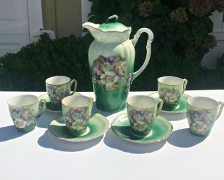 Antique 19th C.  Coffee Chocolate Pot Set Purple Lilacs Porcelain Cups Saucers