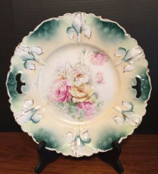 R S Prussia Two Handled 11” Cake Plate Iris Mold & Roses Mid.
