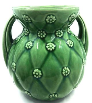 Vintage Shawnee Vase Green Double Handled Quilted Diamonds & Flowers 827