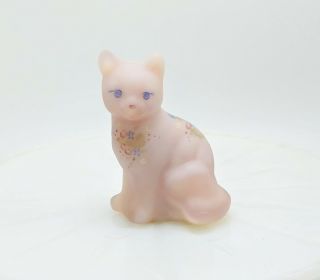 Fenton Hand Painted Pink Satin Glass Sitting Cat Signed