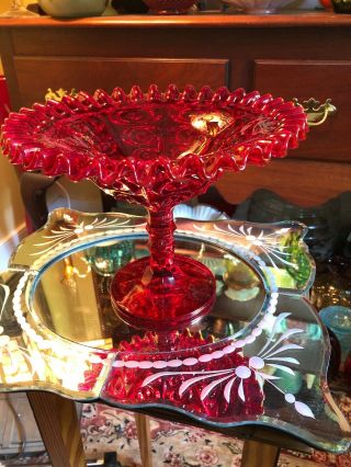 Large Viking Yesteryear Bulls Eye Ruby Red Glass Compote Pie Top Pedestal