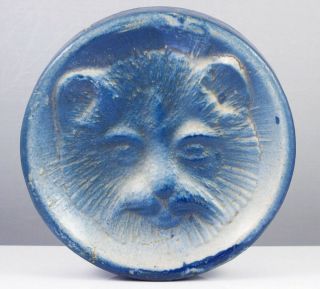 Antique Blue Salt - Glazed Stoneware " Cat Motif " Soap Dish,  Unusually