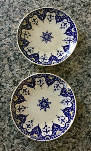 2 U & C Sarreguemines France Blue,  White,  Yellow Small Plates 7” Cluny 1875 - 1900