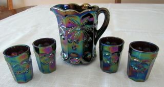 Mosser Cherry & Cable Carnival Glass Individual Pitcher W/4 Small Glasses