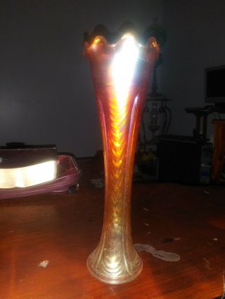 Fluted Carnival Glass Vase 10 - 11” Tall Oranges