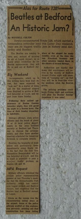 The Beatles Boston Sunday September 6,  1964 Newspaper Clipping (bedford Airport)