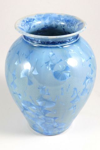 Pnw Signed Crystalline Crackle Glaze Studio Art Pottery Blue Handcrafted Vase