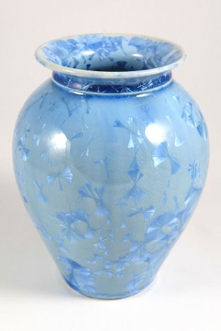 PNW Signed Crystalline Crackle Glaze Studio Art Pottery Blue Handcrafted Vase 2