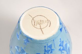 PNW Signed Crystalline Crackle Glaze Studio Art Pottery Blue Handcrafted Vase 7