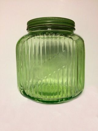 Vintage Anchor Hocking Green Vaseline Depression Glass Canister Jar 128 Oz.  2