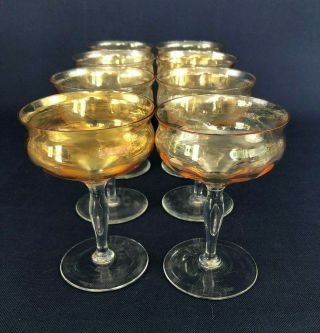 8 Antique Edwardian Carnival Glass Champagne Or Cocktail Glasses Marigold 1910s