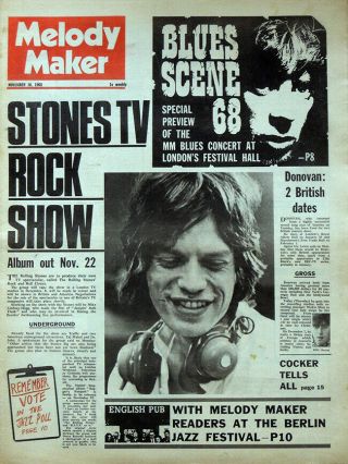 Melody Maker 16 Nov 1968.  Rolling Stones Mick Jagger Cover.  Bob Dylan.  Not Nme