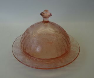 Vintage Jeannette Glass Pink Floral Poinsettia Butter Dish With Lid
