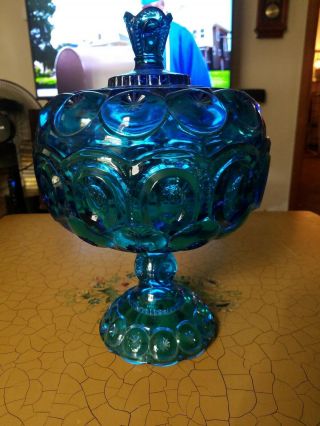 Vintage Le Smith Moon And Stars 12 " Tall Blue Glass Lidded Pedestal Candy Dish