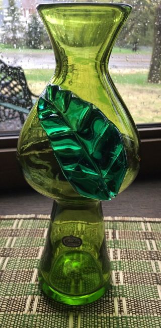 Rare Vintage Rainbow Hand Blown Art Glass Vase W Applied Leaf Tag On
