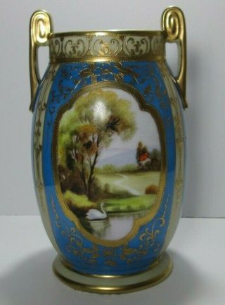 Antique Hand Painted Nippon Two Handled Vase Green Wreath Swan Pond Gold Trim