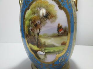 Antique Hand Painted NIPPON Two Handled VASE Green Wreath SWAN Pond Gold Trim 2