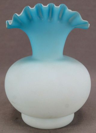 Antique Victorian Blue & White Cased Satin Glass Ruffled Rim 5 1/2 Inch Vase