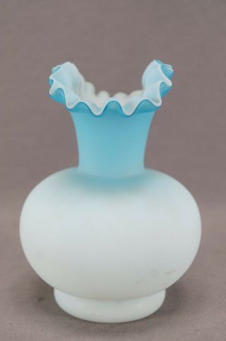 Antique Victorian Blue & White Cased Satin Glass Ruffled Rim 5 1/2 Inch Vase 2