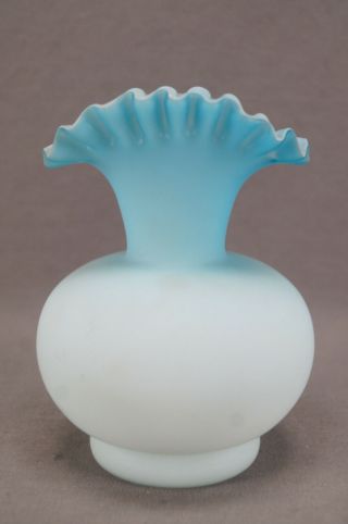 Antique Victorian Blue & White Cased Satin Glass Ruffled Rim 5 1/2 Inch Vase 3