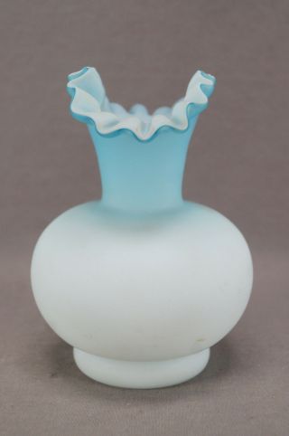 Antique Victorian Blue & White Cased Satin Glass Ruffled Rim 5 1/2 Inch Vase 4