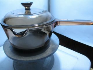 Vintage Vision Corning Amber Glass Sauce Pan Made In Usa 1l W/spout And Lid